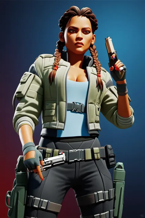 PonyXLV6_Scores , 1girl, braid, breasts, brown eyes, cleavage, dark-skinned female, dark skin, finger on trigger, fingerless gloves, gloves, gun, handgun, holding, holding gun, holding weapon, jacket, lips, long hair, medium breasts, nail polish, pistol, shotgun, solo, trigger discipline, twin braids, weapon, ap1zxnv , <lora:ApexLegendsPDXL:1>