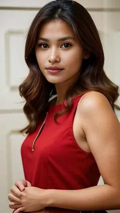 <lora:Extraction-000004:1>,,a woman with a red dress and a brown hair is posing for a picture with her hand on her shoulder, a character portrait