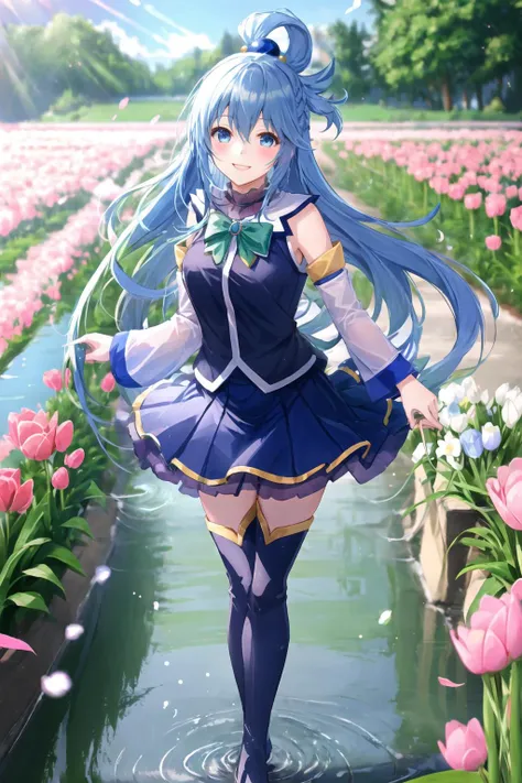 aqua \(konosuba\), mksks style, (very detailed background:1.0), (highly detailed background:1.0), {Masterpiece}, High Quality, 1girl, blue eyes, blue footwear, blue hair, blue thighhighs, blush, boots, flower field, flowers:2, motion blur, roses, tulips, (summer:1.2), bubble, detached sleeves, hair ornament, hair rings, leg up, long hair, looking at viewer, medium breasts, open hand, single hair ring, skirt, smile, solo, standing, standing on one leg, thigh boots, thighhighs, very long hair, water, white thighhighs, (flower pettals falling), chromatic aberration, depth of field, soft lighting, <lora:aquaKonosubaLora_1:0.6>, <lora:dpep2 768:0.7>
