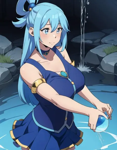 young lady, pretty face, detailed face, blue hair, cyan hair, water hair, long hair, choker, gold jewelry, dark blue dress, bare shoulders, mini skirt, huge breasts, gestuing hands, water ball, water magic, <lora:aqua_konosuba-000035:1>, cowboy shot,