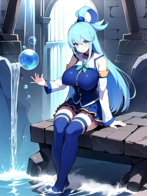 young lady, pretty face, detailed face, blue eyes, blue hair, cyan hair, long hair,
choker, gold jewelry, hair ornament, hair rings, blue thighhighs, thigh boots, thighhighs, white thighhighs,
dark blue dress, bare shoulders, mini skirt, blue footwear, boots,white detached sleeves,
huge breasts,
doing magic, gestuing hands, water ball, water magic, bubble,
seated, termal font,
<lora:aqua_konosuba-000035:1>,