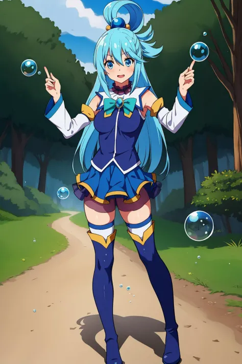 at a camp, standing, aqua \(konosuba\),blue hair, blue eyes, kono subarashii sekai ni shukufuku wo!, blue footwear, blue thighhighs, boots, bubbles, detached sleeves, hair ornament, hair rings, skirt, <lora:aqua_konosuba-000035:0.6>, looking at viewer, <lora:add_detail:0.3>