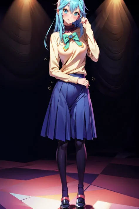 small breasts, tall girl, full body, anime style, skirt, stockings, sweater,, <lora:add_detail:0.5> <lora:aqua_konosuba-000035:0.8> aqua \(konosuba\)
