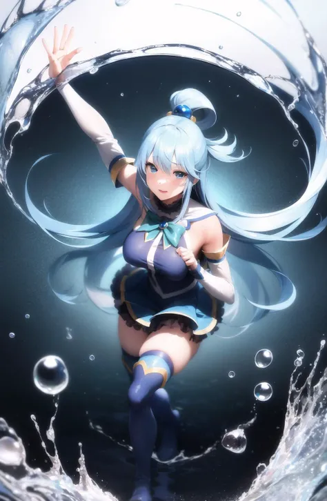 aqua \(konosuba\), mksks style, (very detailed background:1.0), (highly detailed background:1.0), {Masterpiece}, High Quality, 1girl, blue eyes, blue footwear, blue hair, blue thighhighs, blush, boots, breasts, bubble, detached sleeves, hair ornament, hair rings, leg up, long hair, looking at viewer, medium breasts, open hand, single hair ring, skirt, smile, solo, standing, standing on one leg, thigh boots, thighhighs, very long hair, water, white thighhighs, kono subarashii sekai ni shukufuku wo!, <lora:aqua_konosuba-000035:0.6>,, illustration of a anime girl imagination, art brut, polychromatic neon, phantasmagoria, vray, polychromatic noir, hyperrealistic photo by Seebas Apterus and Larry Bell art, blending, smooth, serious, detailed expressions, artstyle, detailed eyes, HDR, UHD, 64k, RTX, sharp, sharp focus, highly detailed, intricate detail, professional, artistic flow, ultra detailed, high resolution photography, (bright colors), realistic photo, intricate details, (cinematic look), masterpiece, sharp focus,  attractive, detailed eyes, detailed lips, goosebumps, detailed skin, dynamic angle, wind, by sports illustrated