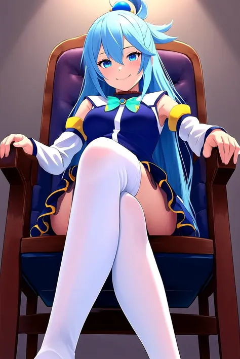 masterpiece,(best quality),extremely detailed,illustration, solo, vivid color, beautiful, small details, ultra detailed, intricate, beautiful lighting, ((crossed legs)), leg_focus, foot focus, sitting on chair, chair, sitting, looking down, looking at viewer, seductive smile, long legs, femdom, 1girl, cowboy shot, from below, aqua \(konosuba\), 1girl, bangs, blue eyes, blue hair, blue skirt, closed mouth, detached sleeves, hair rings, medium breasts, long hair, looking at viewer, skirt, smile, solo, thighhighs, white sleeves, white thighhighs, zettai ryouiki, kono subarashii sekai ni shukufuku wo!, <lora:aqua:0.6>