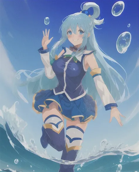 aqua \(konosuba\), 1girl, blue eyes, blue footwear, blue hair, blue thighhighs, blush, boots, breasts, bubble, detached sleeves, hair ornament, hair rings, leg up, long hair, looking at viewer, medium breasts, open hand, single hair ring, skirt, smile, solo, standing, standing on one leg, thigh boots, thighhighs, very long hair, water, white thighhighs, kono subarashii sekai ni shukufuku wo!, <lora:aquaKonosubaLora_1:0.6>