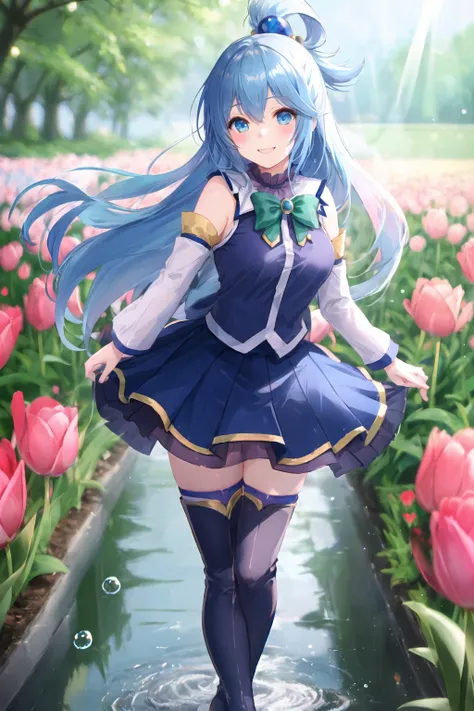aqua \(konosuba\), mksks style, (very detailed background:1.0), (highly detailed background:1.0), {Masterpiece}, High Quality, 1girl, blue eyes, blue footwear, blue hair, blue thighhighs, blush, boots, flower field, flowers:2, motion blur, roses, tulips, (summer:1.2), bubble, detached sleeves, hair ornament, hair rings, leg up, long hair, looking at viewer, medium breasts, open hand, single hair ring, skirt, smile, solo, standing, standing on one leg, thigh boots, thighhighs, very long hair, water, white thighhighs, (flower pettals falling), chromatic aberration, depth of field, soft lighting, <lora:aquaKonosubaLora_1:0.6>, <lora:dpep2 768:0.7>