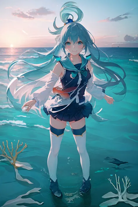 aqua \(konosuba\), mksks style, (very detailed background:1.0), (highly detailed background:1.0), masterpiece, best quality, (1girl), solo, floating, swimming, (ocean:2), blue eyes, blue footwear, blue hair, blue thighhighs, blush, boots, breasts, bubble, detached sleeves, hair ornament, hair rings, leg up, long hair, looking at viewer, medium breasts, open hand, single hair ring, skirt, smile, solo, thigh boots, thighhighs, very long hair, (underwater:1.2), chromatic aberration, depth of field, soft lighting, (small fish:1.2), white thighhighs, kono subarashii sekai ni shukufuku wo!, <lora:aquaKonosubaLora_1:0.6>, <lora:dpep2 768:0.7>