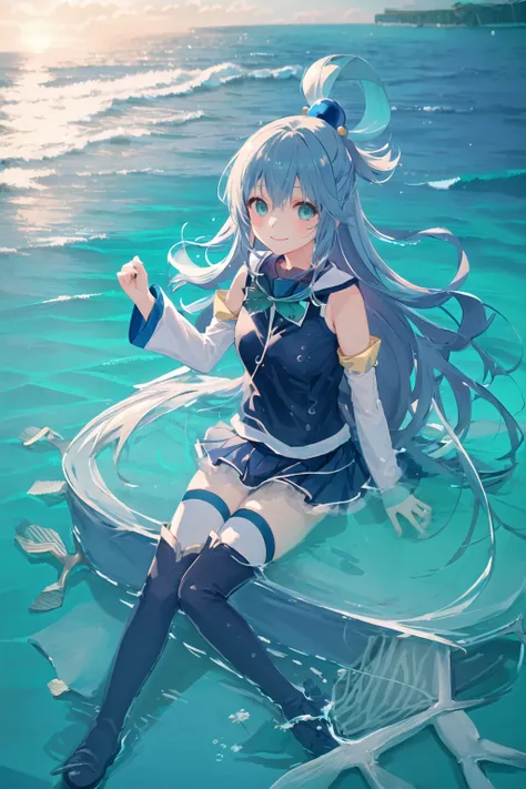 aqua \(konosuba\), mksks style, (very detailed background:1.0), (highly detailed background:1.0), masterpiece, best quality, (1girl), solo, floating, swimming, (ocean:2), blue eyes, blue footwear, blue hair, blue thighhighs, blush, boots, breasts, bubble, detached sleeves, hair ornament, hair rings, leg up, long hair, looking at viewer, medium breasts, open hand, single hair ring, skirt, smile, solo, thigh boots, thighhighs, very long hair, (underwater:1.2), chromatic aberration, depth of field, soft lighting, (small fish:1.2), white thighhighs, kono subarashii sekai ni shukufuku wo!, <lora:aquaKonosubaLora_1:0.6>, <lora:dpep2 768:0.7>