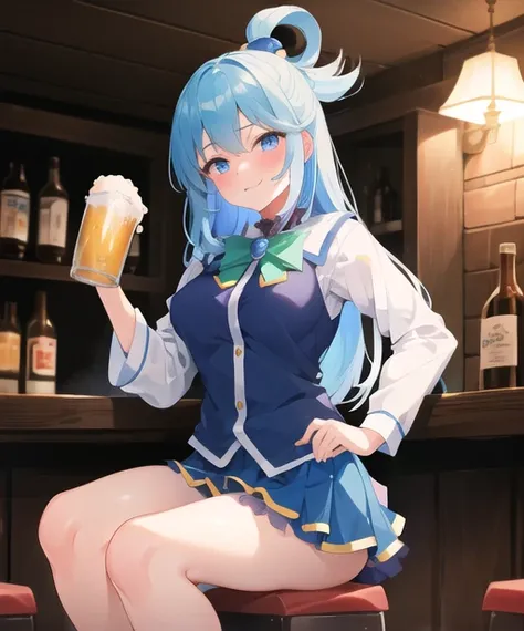 aqua \(konosuba\),masterpiece,best quality,ultra-detailed, ray tracing,perfect lighting, pub background, (drunk), (Breath heat), large beer mug in hand, sitting on bar stool (legs spread) showing (pussy), (lifting up skirt), {Masterpiece}, High Quality, 1girl, blue eyes, blue hair, blue eyes, small breast,looking at viewer, smirking, hands on hips, kono subarashii sekai ni shukufuku wo!, <lora:aquaKonosubaLora_1:0.6>, <lora:pastelmixInspiredV5_v5:0.5>