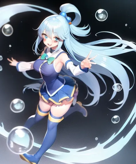 aqua \(konosuba\), mksks style, (very detailed background:1.0), (highly detailed background:1.0), {Masterpiece}, High Quality, 1girl, blue eyes, blue footwear, blue hair, blue thighhighs, blush, boots, breasts, bubble, detached sleeves, hair ornament, hair rings, leg up, long hair, looking at viewer, medium breasts, open hand, single hair ring, skirt, smile, solo, standing, standing on one leg, thigh boots, thighhighs, very long hair, water, white thighhighs, kono subarashii sekai ni shukufuku wo!, <lora:aquaKonosubaLora_1:0.6>