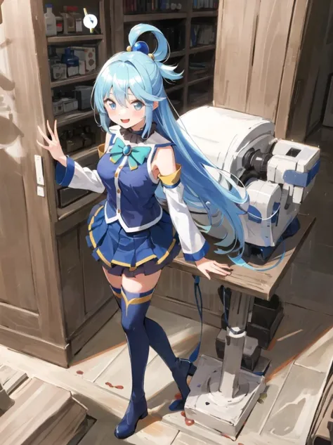 aqua \(konosuba\), mksks style, (very detailed background:1.0), (highly detailed background:1.0), {Masterpiece}, High Quality, 1girl, blue eyes, blue footwear, blue hair, blue thighhighs, blush, boots, breasts, bubble, detached sleeves, hair ornament, hair rings, leg up, long hair, looking at viewer, medium breasts, open hand, single hair ring, skirt, smile, solo, standing, standing on one leg, thigh boots, thighhighs, very long hair, water, white thighhighs, kono subarashii sekai ni shukufuku wo!,  <lora:Aqua_Konosuba:0.6>