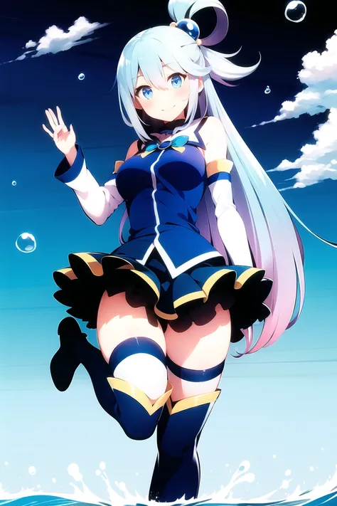 aqua \(konosuba\),

1girl, blue eyes, blue footwear, blue hair, blue thighhighs, blush, boots, breasts, bubble, detached sleeves, hair ornament, hair rings, leg up, long hair, looking at viewer, medium breasts, open hand, single hair ring, skirt, smile, solo, standing, standing on one leg, thigh boots, thighhighs, very long hair, water, white thighhighs,

kono subarashii sekai ni shukufuku wo!,

<lora:aqua_konosuba-000035:0.6>