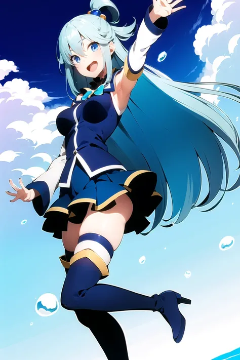 aqua \(konosuba\),

1girl, blue eyes, blue footwear, blue hair, blue thighhighs, blush, boots, breasts, bubble, detached sleeves, hair ornament, hair rings, leg up, long hair, looking at viewer, medium breasts, open hand, single hair ring, skirt, smile, solo, standing, standing on one leg, thigh boots, thighhighs, very long hair, water, white thighhighs,

kono subarashii sekai ni shukufuku wo!,

<lora:aqua_konosuba-000035:0.6>