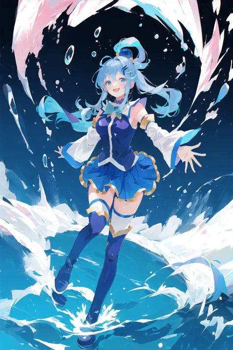 aqua \(konosuba\),
1girl, blue eyes, blue footwear, blue hair, blue thighhighs, blush, boots, breasts, bubble, detached sleeves, hair ornament, hair rings, leg up, long hair, looking at viewer, medium breasts, open hand, single hair ring, skirt, smile, solo, standing, standing on one leg, thigh boots, thighhighs, very long hair, water, white thighhighs,

kono subarashii sekai ni shukufuku wo!,

<lora:aqua_konosuba-000035:0.6>