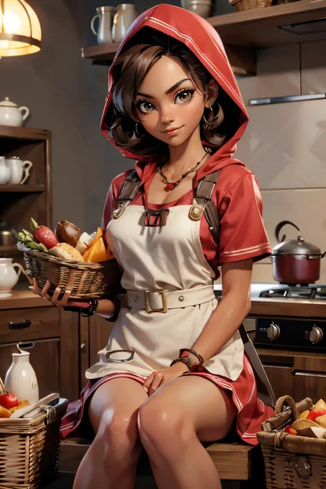 ShevaRE, dark skin, brown eyes, short brown hair, necklace, wearing little red riding hood outfit, red dress, apron,  looking at viewer, serious, smirk, sitting, on table, inside kitchen, holding picnic basket, playful ambiance, high quality, masterpiece <lora:ShevaREV2:.7>