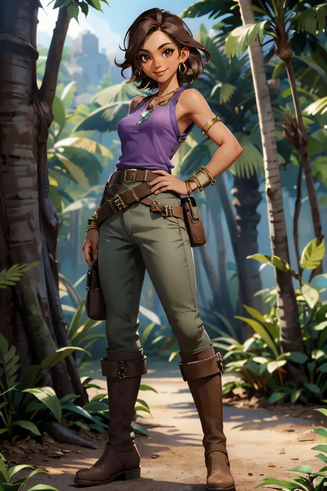 ShevaRE, dark skin, brown eyes, short brown hair, necklace, bracelet, purple tank top,pants, belt, boots, looking at viewer, smiling, full body shot, standing, outside, jungle, trees, natural lighting, high quality, masterpiece <lora:ShevaREV2:.7>