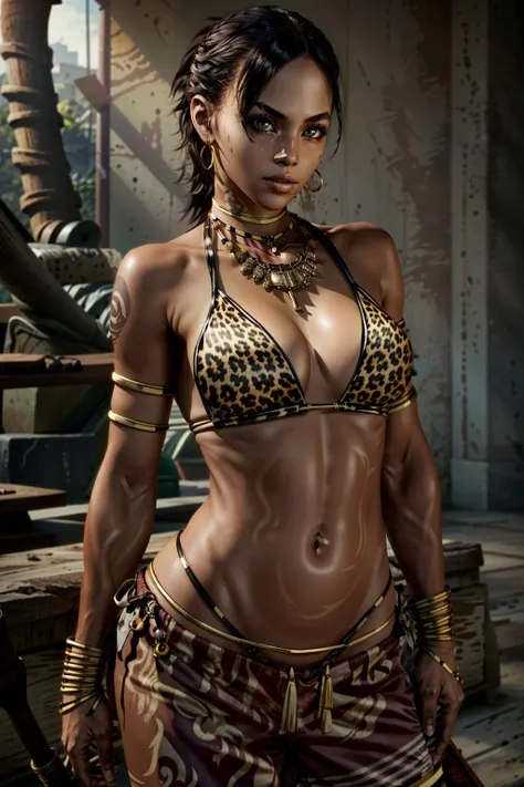 (masterpiece, best quality)
ShevaRE, 1girl, solo, tribal, dark skin, jewelry, weapon, dark-skinned female, bow (weapon), earrings, quiver, swimsuit, arrow (projectile), necklace, bikini, leopard print, tattoo, navel, bikini top only, shorts, brown hair, realistic, breasts, animal print, short hair, medium breasts, armlet
<lora:epi_noiseoffset2:1>, <lora:add_detail:0.5>,  <lora:ShevaRE:0.9>