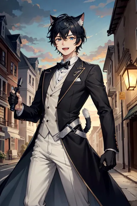 AxiaKrone, blue eyes, black hair, short hair, cat ears, cat tail, fangs, black nail, pale skin, cat boy, 1boy, solo, smile, standing, dynamic pose, <lora:AxiaKrone:0.4>, 8k, masterpiece, best quality, absurdres, perfect anatomy, cinematic lighting, cowboy shot, (butler uniform:1.1),