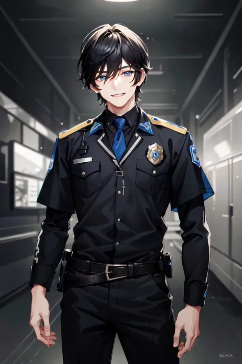 AxiaKrone, blue eyes, black hair, 1boy, solo, smile, standing, dynamic pose, <lora:AxiaKrone-03:0.4>, 8k, masterpiece, best quality, absurdres, perfect anatomy, cinematic lighting, cowboy shot, (police uniform:1.3), pants,