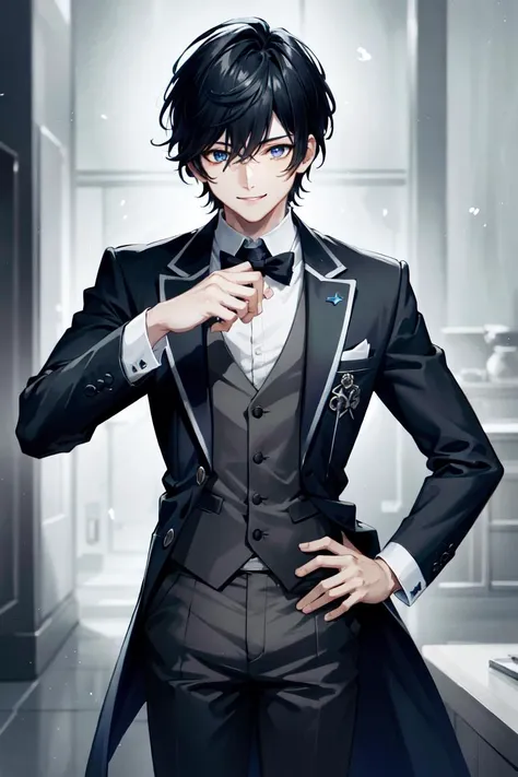 AxiaKrone, blue eyes, black hair, 1boy, solo, smile, standing, dynamic pose, <lora:AxiaKrone-03:0.4>, 8k, masterpiece, best quality, absurdres, perfect anatomy, cinematic lighting, cowboy shot, (butler uniform:1.1),