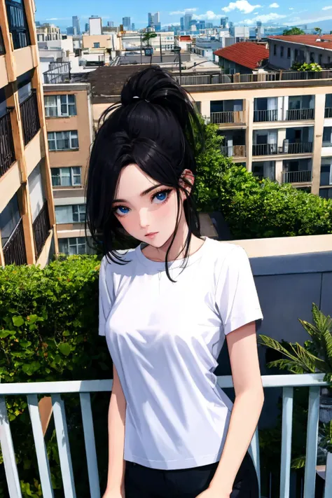high resolution, extremely delicate and beautiful,finely detailed eyes and detailed face,ultra detailed, perfect details,detailed background, shiny skin, 1girl, solo, (balcony:1.2), outdoors, plant, ponytail, black hair, building, holding, rooftop, shirt, railing, holding phone, sky, standing, pants, laundry, potted plant, wide shot, clothes hanger, window, signature, white shirt,cowboy shot, <lora:C_Imazhai_Vlyc:0.8>