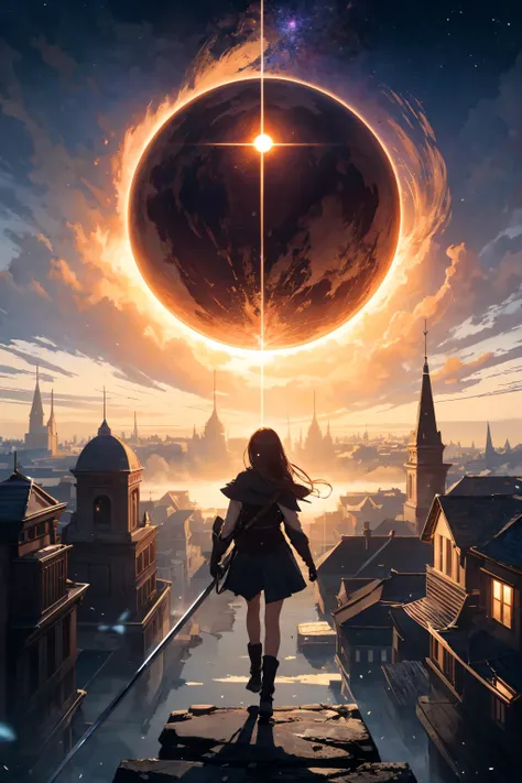 photorealistic:1.37, realistic details, detailed, masterpiece, bold outline
BREAK
2girls, glowing eyes, extremely beautiful and mystical, fighting a swordfight duel, desolate and abadoned, intricate architecture, grandeur
BREAK
cathedral is ruined, roof is destroyed, with debris flying around, electricity particle effect, dust and debris, building is distorted, shattering, flooded, half of water is frozen, volumetric fog, half of building to the left of viewer is frozen in ice and snowing, half of building to the right of viewer is on fire.
BREAK
solar eclipse, red sky, apocalypse, space and time distortion, aquatic spherical body around girl, emotional and celestial vibe, night with galaxies, meteor shower in a single direction, buildings are chaotically merged and fused together, ringed city.
BREAK
particle effects surrounding girl, debris, dust, light sparkle, flame, raining, aquatic bodies in intricate patterns, ephemeral vibe
BREAK
wide perspective, two point perspective, contrasting proportion, rule of third, aerial view, striking visual, contrasting hue, depth and dimension, light and shadow, detailed background.