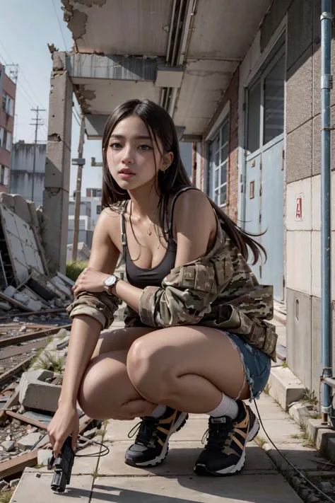 realistic, realistic details, detailed,
break
1girl, petite, extremely beautiful, tanned skin, detailed skin complexion, small breast, dirty body, sweating, torn clothes, walking, tank top, soldier camouflage jacket, crouching, aiming sniper rifle towards viewer,
break
abandoned building, abandoned factory, brutalist, concrete
break
perspective, artistic photography, light and shadow contrast, rule of third, depth of field, sharp focus, foreground background, depth and dimension
break
(ulzzang-6500-v1.1:0.2)