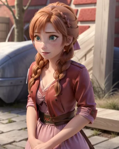 photo, adult, 1girl, woman, solo, beautiful face, detailed face, portrait, beautiful eyes, detailed eyes, expressive eyes, happy, blushing, embarrassed, simper, red hair, (medium hair), freckles, detailed skin, average breasts, <lora:anna_of_arendelle_v2:.7>, (anna of arendelle), <lora:Cha - Aerith v4:.4>, red jacket, pink dress, ponytail, pink hair bow, aerith gainsborough,