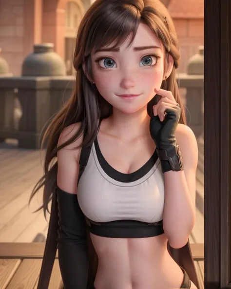 photo, adult, 1girl, woman, solo, beautiful face, detailed face, portrait, beautiful eyes, detailed eyes, expressive eyes, happy, blushing, embarrassed, simper, (black hair), freckles, detailed skin, average breasts, <lora:anna_of_arendelle_v2:.7>, (anna of arendelle), <lora:tifa_v2.3:.5>, tif lockhart, midriff, gloves, white tank top,