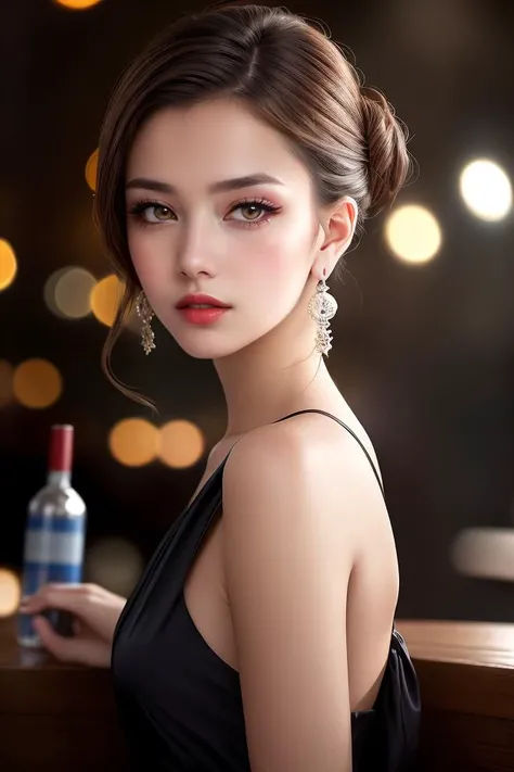 photo of seductive (L414C0ST4:0.99), a woman as a sexy student, closeup portrait upsweep updo, at a cantina sitting bar (masterpiece:1.5) (photorealistic:1.1) (bokeh) (best quality) (detailed skin texture pores hairs:1.1) (intricate) (8k) (HDR) (wallpaper) (cinematic lighting) (sharp focus), eyeliner, painted lips, (earrings)