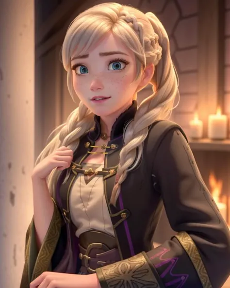photo, adult, 1girl, woman, solo, beautiful face, detailed face, portrait, beautiful eyes, detailed eyes, expressive eyes, happy, blushing, embarrassed, simper, (white hair), freckles, detailed skin, average breasts, <lora:anna_of_arendelle_v2:.7>, (anna of arendelle), <lora:fireemblem_robin_female:1>, robin \\(fire emblem)\\, robe, twintails, brown gloves,