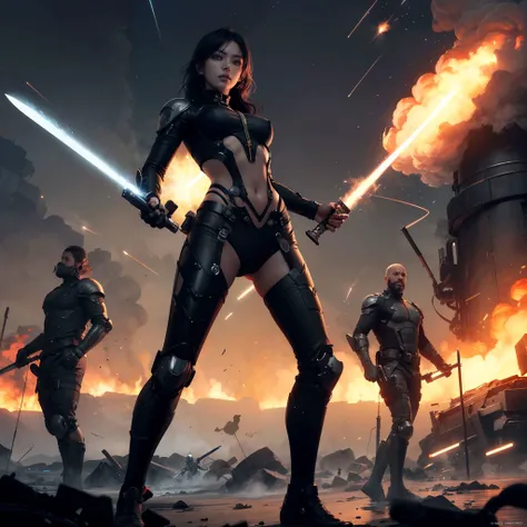 Amazing, finely detail, masterpiece, best quality, official art, extremely detailed CG unity 8k wallpaper, dynamic angle, dynamic pose, Female swordswoman, wielding a long sword and a energy gun, in a high-tech, magical world, surrounded by robots and mechanical devices, fiery, with explosions and missile trails, inspired by Yoshitaka Amano and H.R. Giger,dark, gritty, with cyberpunk and steampunk elements, digital painting, action-packed, dynamic, black, silver, gold, with accents of red and orange,