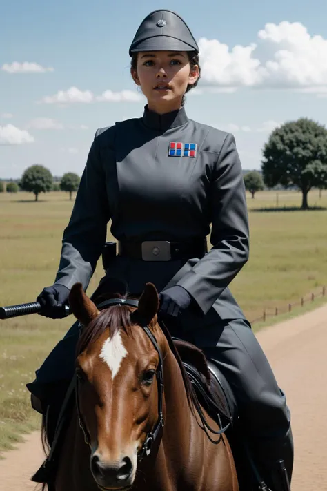 young woman in imperialofficer uniform ((riding a horse)),open field, 8k uhd, dslr, soft lighting, high quality, film grain,masterpiece quality,Fujifilm <lora:ImpofficerV2:0.7>