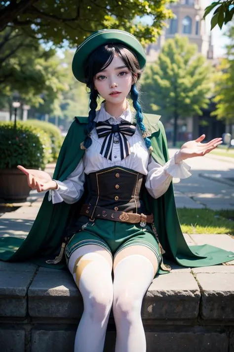 Idol in steampunk hunter costume、large full breasts、beautiful foot、、a miniskirt、Good Style、、Shiny Green Long Coat、knee high socks、、Black tops