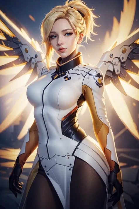 (masterpiece, best quality),  intricate details,
1girl,    <lora:mercy:0.8> 1girl, solo, mercy (overwatch), mechanical halo, breasts, blue eyes, blonde hair, pantyhose, mechanical wings, wings, halo,  holding, bodysuit, cowboy shot,  yellow wings, brown pantyhose, lips, gloves, pelvic curtain, black gloves,