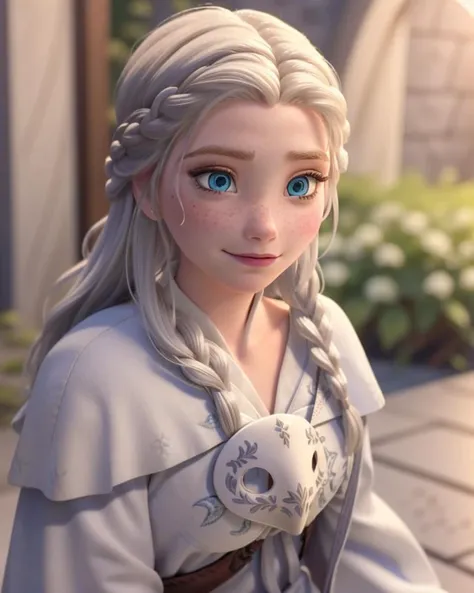 photo, adult, 1girl, woman, solo, beautiful face, detailed face, portrait, beautiful eyes, detailed eyes, expressive eyes, happy, blushing, embarrassed, simper, (white hair), freckles, detailed skin, average breasts, <lora:anna_of_arendelle_v2:.7>, (anna of arendelle), <lora:Cha - Venat:1>, venat, robe, mask,