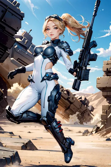 realistic, realistic details, detailed, (((1girl, sexy, beautiful, full body, scnv, white bodysuit, breastplate, blonde hair, ponytail, jumping backwards, shooting rifle, recoil, debris, dust, wasteland, monster, medium breast, slender, perspective, looking at viewer, sharp focus, depth of field, sci-fi, detailed background))) (ulzzang-6500-v1.1:0.4) <lora:CG_Nova_SC2:0.85>