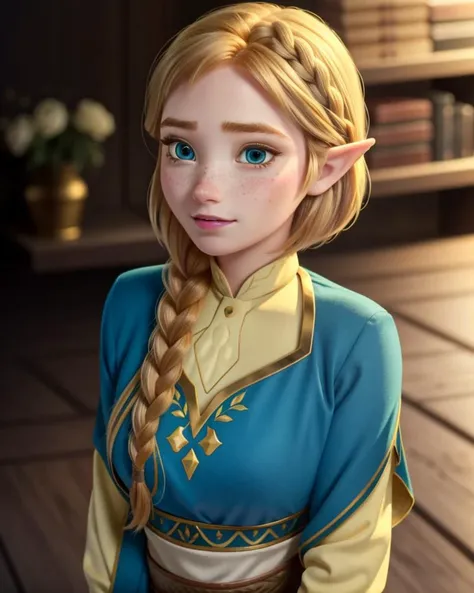 photo, adult, 1girl, woman, solo, beautiful face, detailed face, portrait, beautiful eyes, detailed eyes, expressive eyes, happy, blushing, embarrassed, simper, (blonde hair), freckles, detailed skin, average breasts, <lora:anna_of_arendelle_v2:.7>, (anna of arendelle), princess zelda, totk, <lora:zelda_botw_v1:.7>, gloves, hairclip, green eyes, pointy ears, short hair,