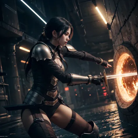 a woman in furturistic astronought armour, fighting in a space castle, realistic Sword of water, Spiral water, Water balls in her hands, science fiction, action pose fighting,
aliens, trolls, fighting all around, magic and effexts
realistic, complex 3d render ultra detailed, 150 mm, beautiful studio soft light, rim light, vibrant details, Complex background, octane render, 8k, best quality, brownbrown masterpiece, illustration, an extremely delicate and beautiful, extremely detailed ,CG ,unity ,wallpaper, (realistic, photo-realistic:1.37), Amazing, finely detail, masterpiece, best quality, official art, extremely detailed CG unity 8k wallpaper, dynamic angle, dynamic pose, Female swordsman, wielding a long sword and a energy gun, in a high-tech, magical world,surrounded by robots and mechanical devices,fiery, with explosions and missile trails, inspired by Yoshitaka Amano and H.R. Giger,dark, gritty, with cyberpunk and steampunk elements,digital painting,action-packed, dynamic,black, silver, gold, with accents of red and orange,, detailed skin texture, (blush:0.2), (goosebumps:0.3), subsurface scattering