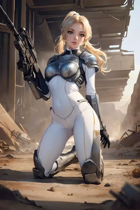realistic, realistic details, detailed, (((1girl, sexy, beautiful, full body, scnv, white bodysuit, breastplate, blonde hair, ponytail, kneeling shooting rifle, recoil, debris, dust, wasteland, monster, medium breast, slender, perspective, looking at viewer, sharp focus, depth of field, sci-fi, detailed background))) (ulzzang-6500-v1.1:0.4) <lora:CG_Nova_SC2:0.65>