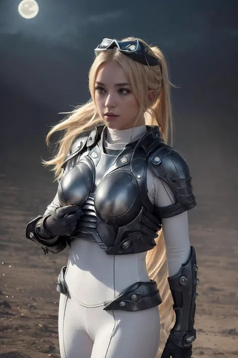 masterpiece, realistic, realistic details, detailed, (((1girl, scnv, long hair, ponytail, blonde hair, cosplay, white bodysuit, breastplate, goggle on head, wide perspective, alien world, wasteland, night, moody, dark and hostile environment, monster, sharp focus, depth of field, detailed background))) <lora:CG_Nova_SC2:0.85>