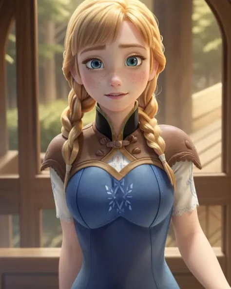 photo, adult, 1girl, woman, solo, beautiful face, detailed face, portrait, beautiful eyes, detailed eyes, expressive eyes, happy, blushing, embarrassed, simper, blonde hair, pigtails, freckles, detailed skin, average breasts, <lora:anna_of_arendelle_v2:.7>, (anna of arendelle), <lora:penelo-nvwls-v1:.9>, penelo ff12, shoulder pads, blue bodysuit,