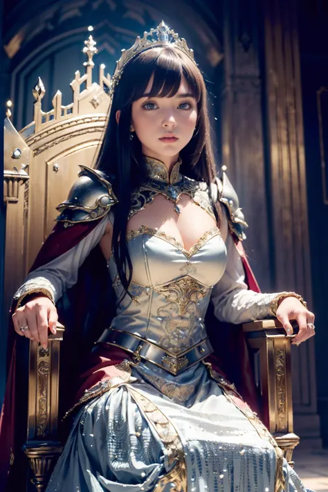 realistic, realistic details, detailed, (((1 girl, solo, sitting on throne, two-point perspective, princess armor, castle throne room, people kneeling, intricate detail, beautiful, sharp focus, depth of field, detailed background))) (ulzzang-6500-v1.1:0.2)