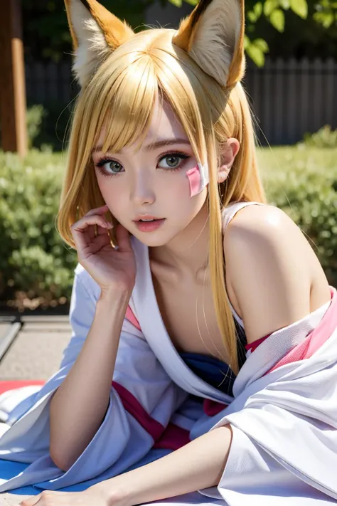 best illustration, realistic details, detailed, masterpiece,
1girl, beautiful, seductive face, tanned skin, aru_blonde, blonde hair, japanese clothes, face marking, bandaged legs, thin thigh, barefoot, fox ear, ahri (leauge of legends), detailed skin, full body, looking at viewer
outdoors, simple background
(ulzzang-6500-v1.1:0.2) <lora:Cos_Aru_Rinh:0.8>