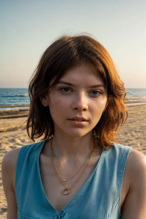 Renzi <lora:Renzi_v1.0:0.8> <lora:add_detail:0.8> epic character composition, by ilya kuvshinov, alessio albi, nina masic, sharp focus, natural lighting, subsurface scattering, f2, 35mm, film grain,matte skin, pores, colors, hyperdetailed, hyperrealistic, confident, certain, poise, conviction, faith, boldness, looking at camera, perfect face, perfect eyes, looking at viewer, A modest pastel jumpsuit in breathable cotton fabric with three-quarter sleeves. Comfortable and stylish with a (modest neckline and short sleeves:1), layered jewelry., huge necklaces, (multiple necklaces:1.1), (undershirt:1.4), her close-up, (zoom:1.3), (upper body shot:1.4), On the sun-drenched shores of Costa del Sol, the photographer captures an upper body portrait, framing the model against the backdrop of golden sands, turquoise waters, and the vibrant hues of Mediterranean architecture. The expressive gaze resonates with the relaxed seaside atmosphere, transforming the scene into a captivating canvas for her allure. Dramatic folds and rich tonal contrasts unfold against the sandy textures of the beach, accentuating the model s natural contours. The play of sunlight, reflecting off the Mediterranean Sea and casting gentle shadows on the shoreline, imparts a warm radiance to the setting. Subtle textures and coastal elegance interweave, creating a visual masterpiece that seamlessly blends the model s modern style with the timeless beauty of the Spanish coast. In the serene simplicity of this European coastal haven, the photographer transforms light into an art form. The model effortlessly integrates into the natural surroundings, each fold and highlight contributing to a composition that captures not just the visual but also the tactile essence of the moment.