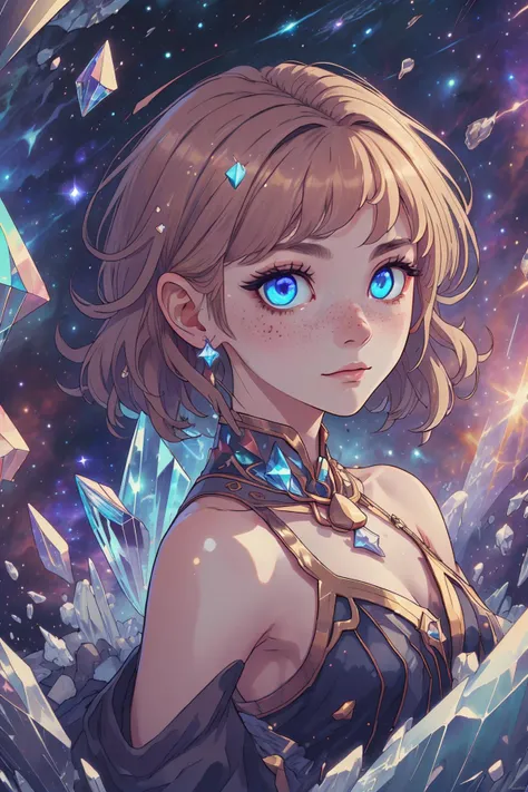 masterpiece, best quality, <lora:stylesqueeze_v2:0.5>,
1 girl, adult (elven:0.7) woman, freckles, amber eyes, chestnut wedge cut hair,
portrait, solo, half shot, looking at viewer, detailed background, detailed face, (<lyco:DecorationBundlev2:0.6>, crystallineAI, crystalline theme:1.1) (glowing eyes:1.05), living star constellation, zodiac, at peace, mythical, scorpio, symbolism, astral energy, aura, bloom, metaphysics, reincarnation, cosmic dust, backlighting, cosmic space background, esoteric atmosphere,
<lora:generalIllustrationLora_lycoSafetensors:0.8>,