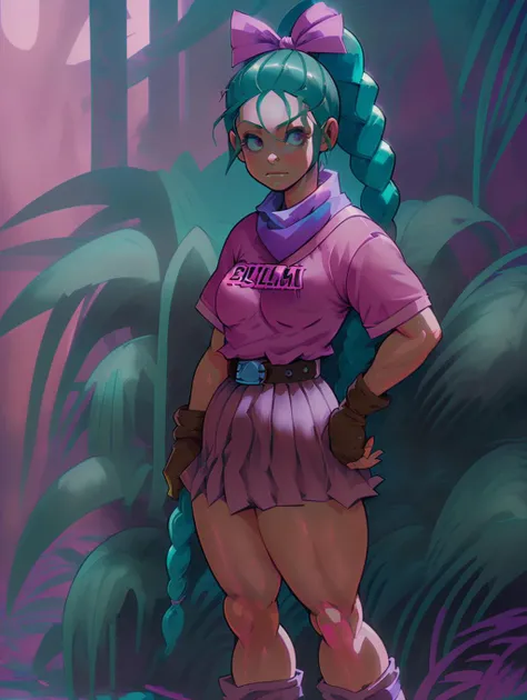 <lora:bulma_9:0.8>blmpony, aqua hair, hair ribbon, braided ponytail, pink shirt, belt, scarf, pink skirt, clothes writing, brown gloves, medium breasts <lora:ZerfaBlueV1:0.8>, in the jungle <lora:stylesqueeze_v3:0.8>