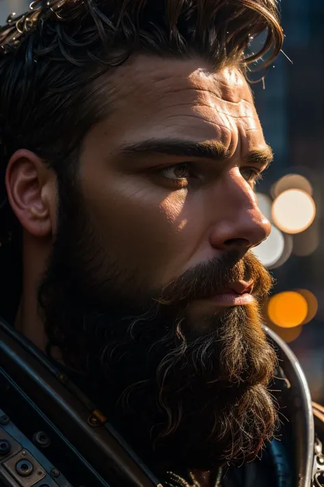 close up Portrait photo of muscular bearded guy in a worn mech suit, ((light bokeh)), intricate <lora:stylesqueeze_v1:1>, (steel metal [rust]), elegant, sharp focus, soft lighting, vibrant colors, masterpiece, ((streets)), detailed face