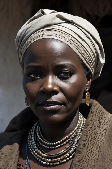Photo of a congolese woman, wrinkles, aged, necklace, crowded papers room, closeup <lora:stylesqueeze_v1:1>, neutral colors, barren land